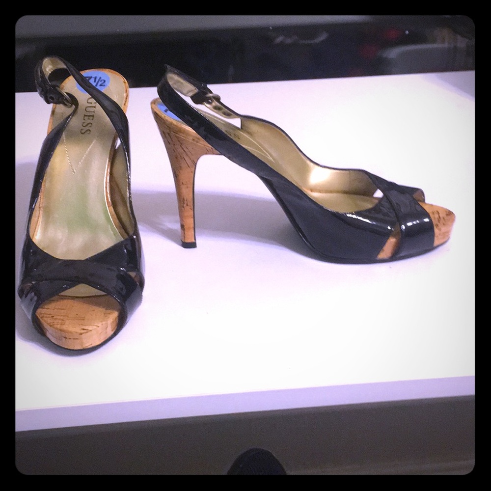 Black and cork sling back heels